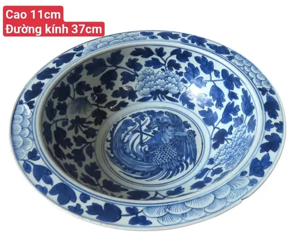 Bát lớn sứ hoa lam vẽ phượng, đường kính 37cm