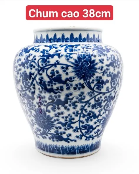 Chum sứ hoa lam vẽ sen dây, cao 38cm