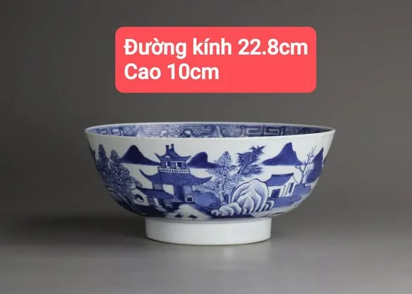 Bát sứ hoa lam vẽ sơn thủy lầu các, đường kính 22,8cm