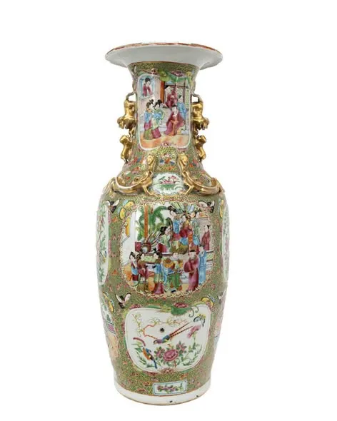 Bình sứ phấn thái Quảng Đông cảnh cung đình, tai Nghê, cao 63,5cm