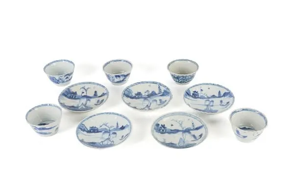 Bộ 5 chén trà và 5 đĩa lót hoa lam sơn thủy (10 món)