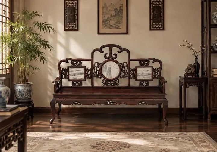 Ghế trường kỷ gỗ tựa ốp đá vân