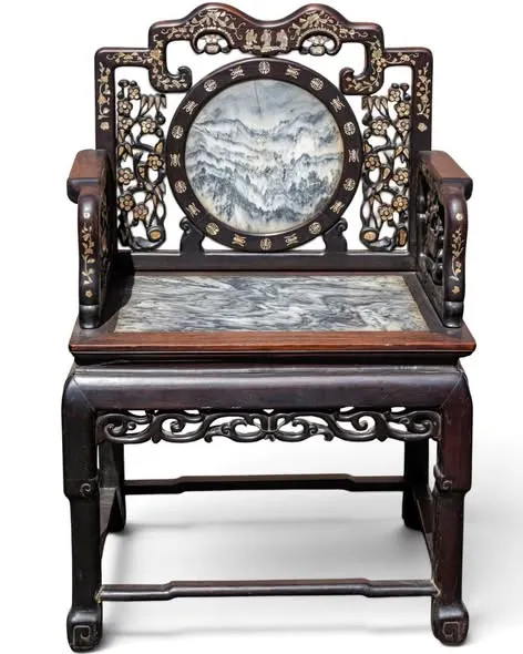 Ghế bành gỗ khảm, tựa lưng ốp đá vân